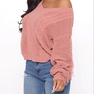 Cable knit sweater fringe XS womens v neck mauve pink fashion nova Fall Winter